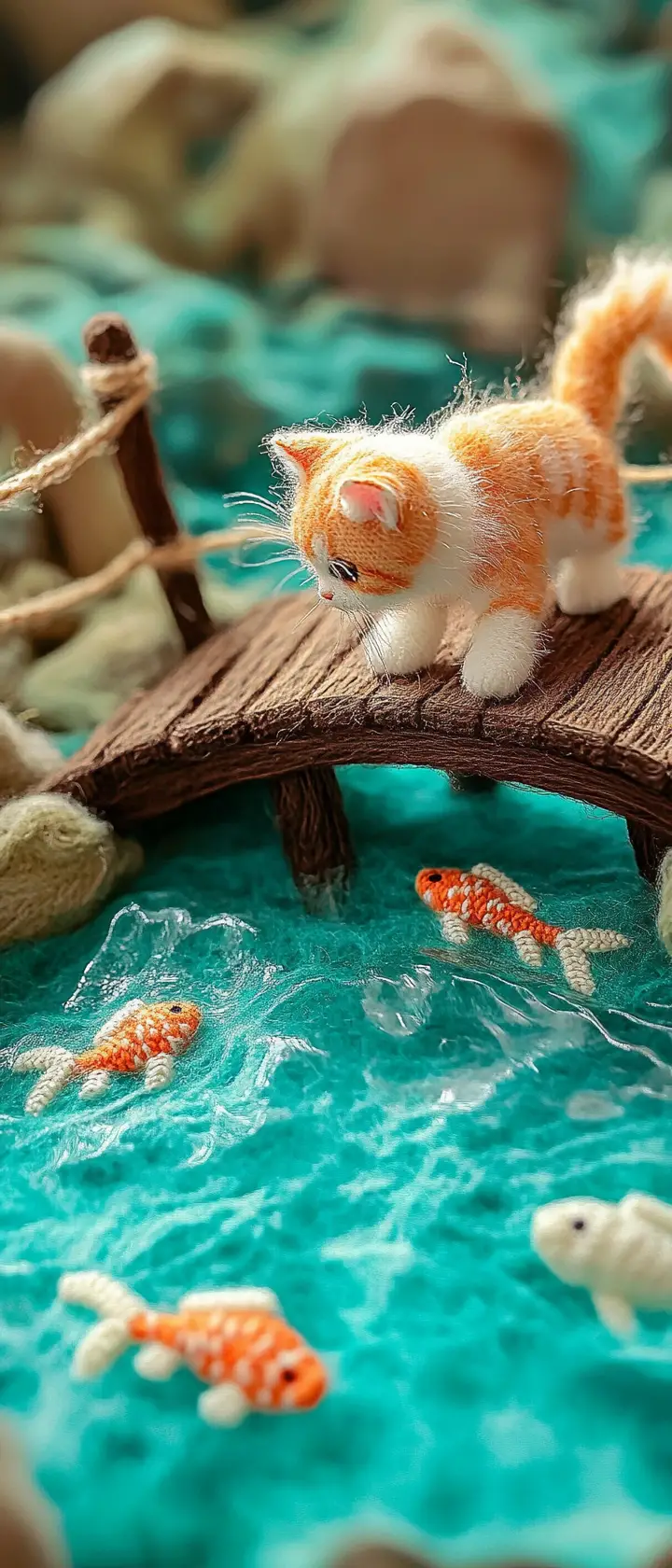 Knitted river bridge scene with curious cat and fish