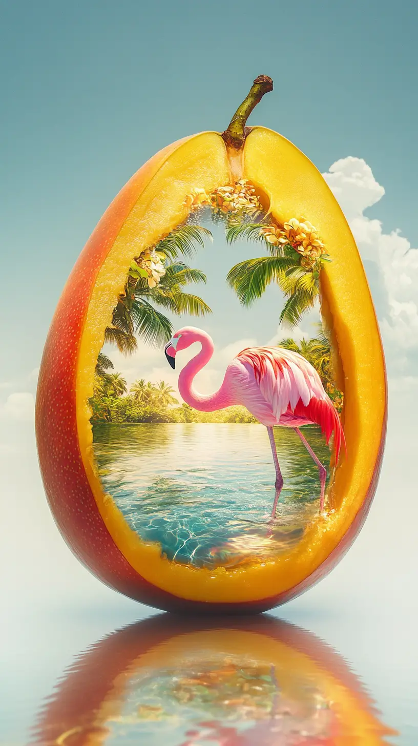 Surreal Mango Lagoon With Miniature Flamingo In Bright Light
