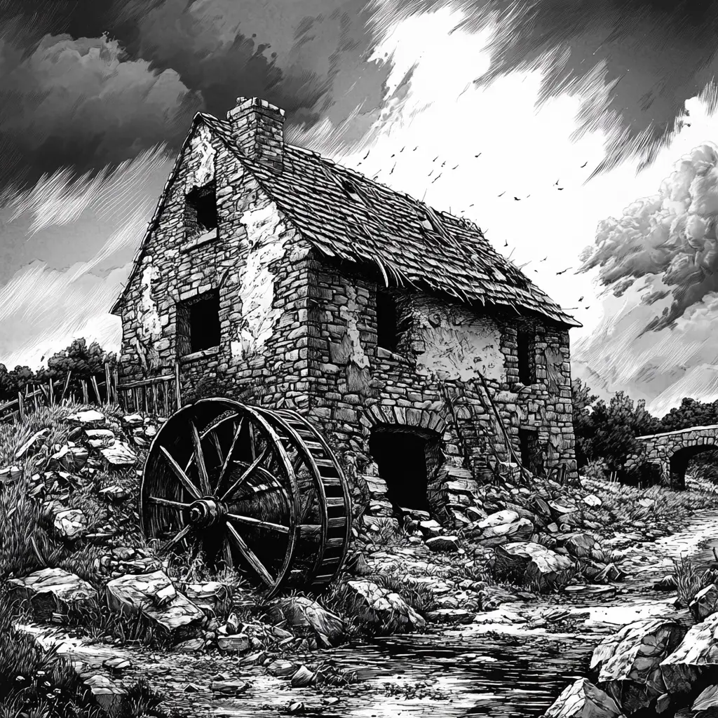 Ruined stone house with broken waterwheel under stormy sky