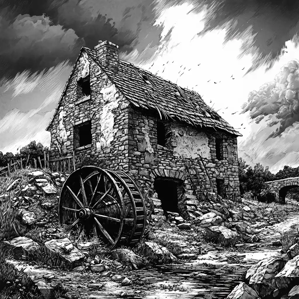 Ruined stone house with broken waterwheel under stormy sky