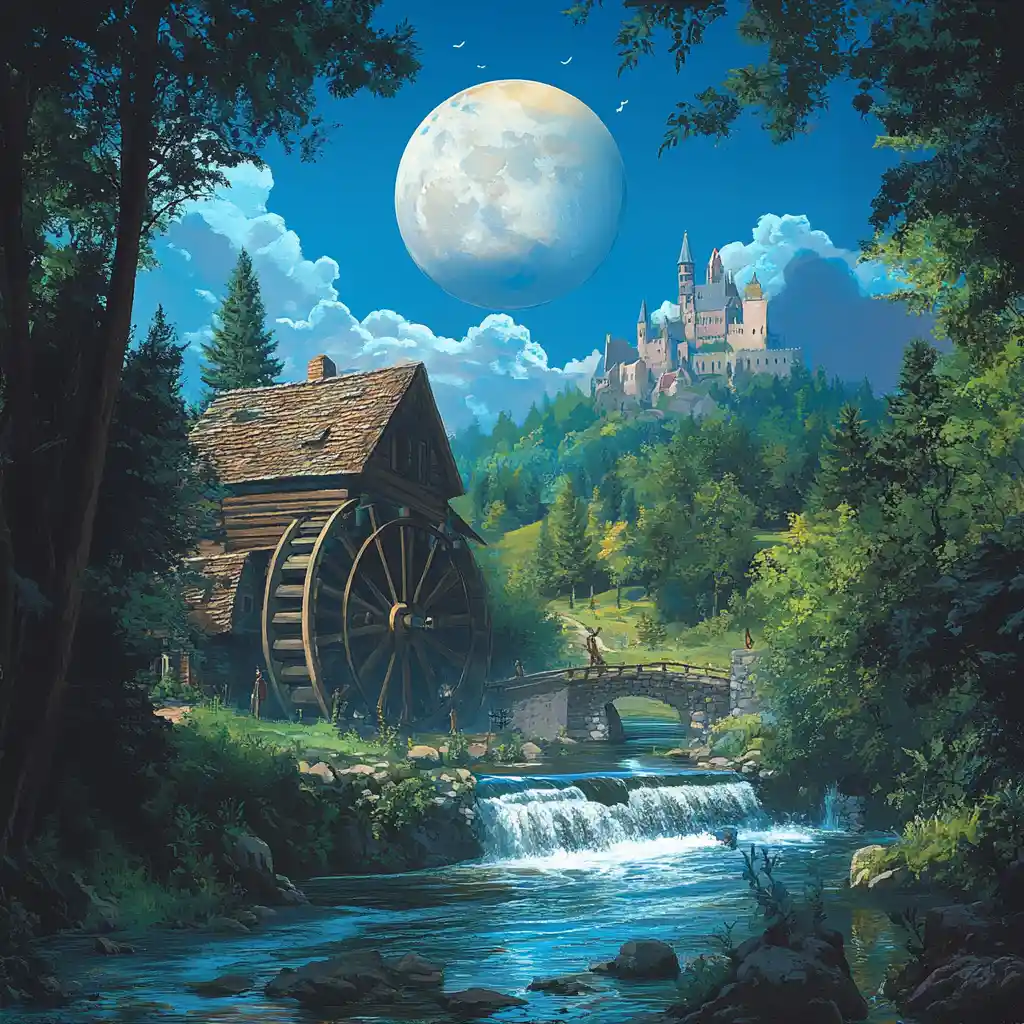Rustic watermill by a forest river under twin moons