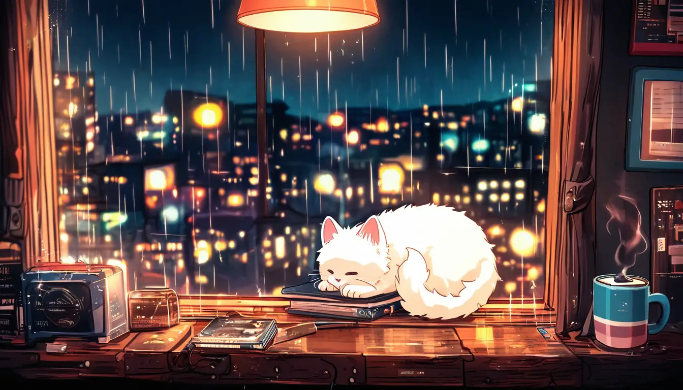 White cat sleeping by coffee mug on rainy city night