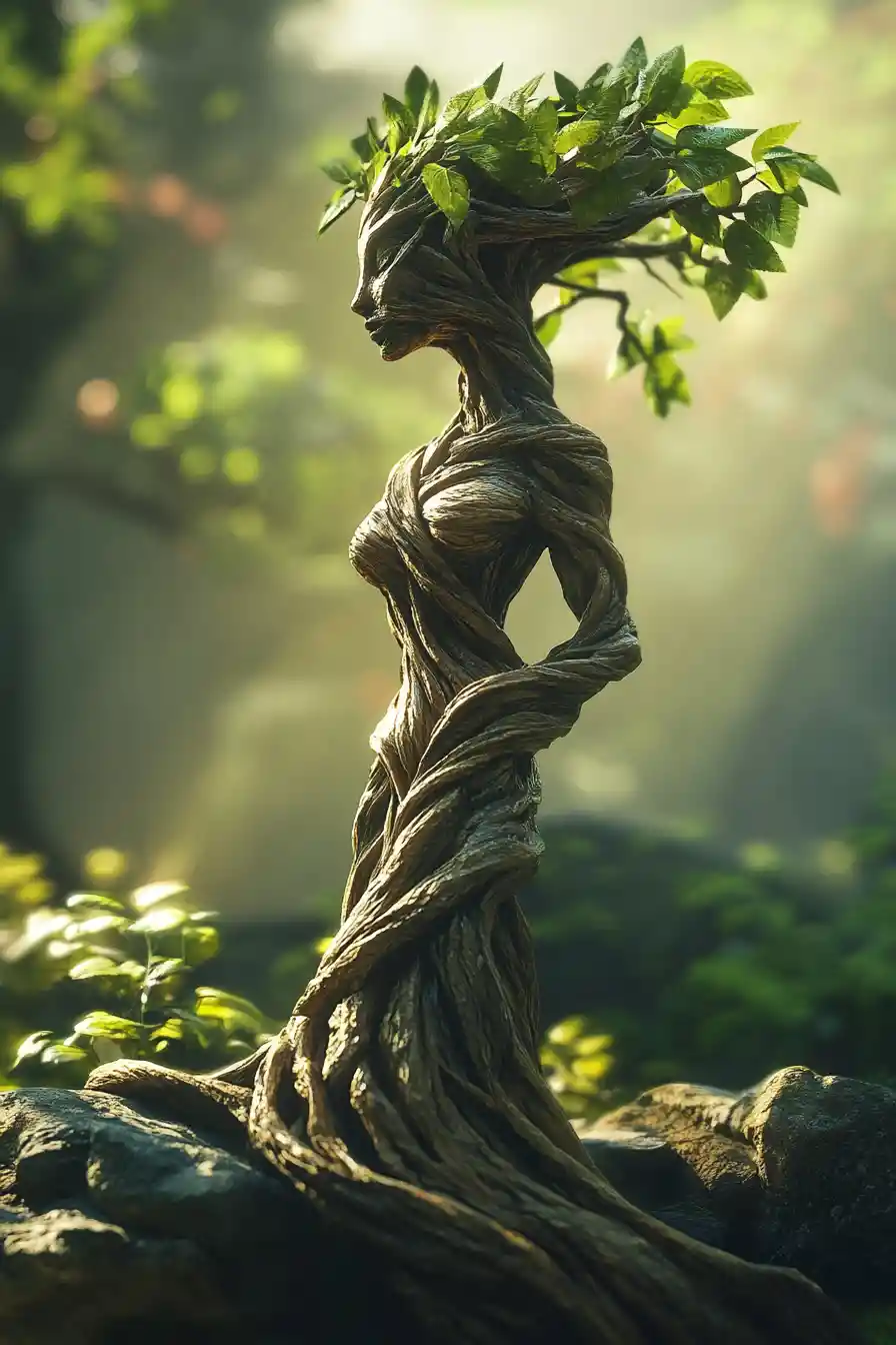 Tree of life goddess sculpture in mysterious jungle