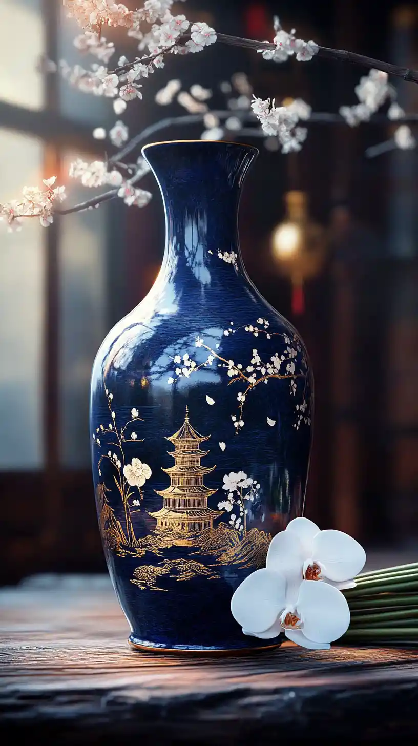Blaue Keramikvase mit goldenen Pagodenmotiven auf einem Tisch