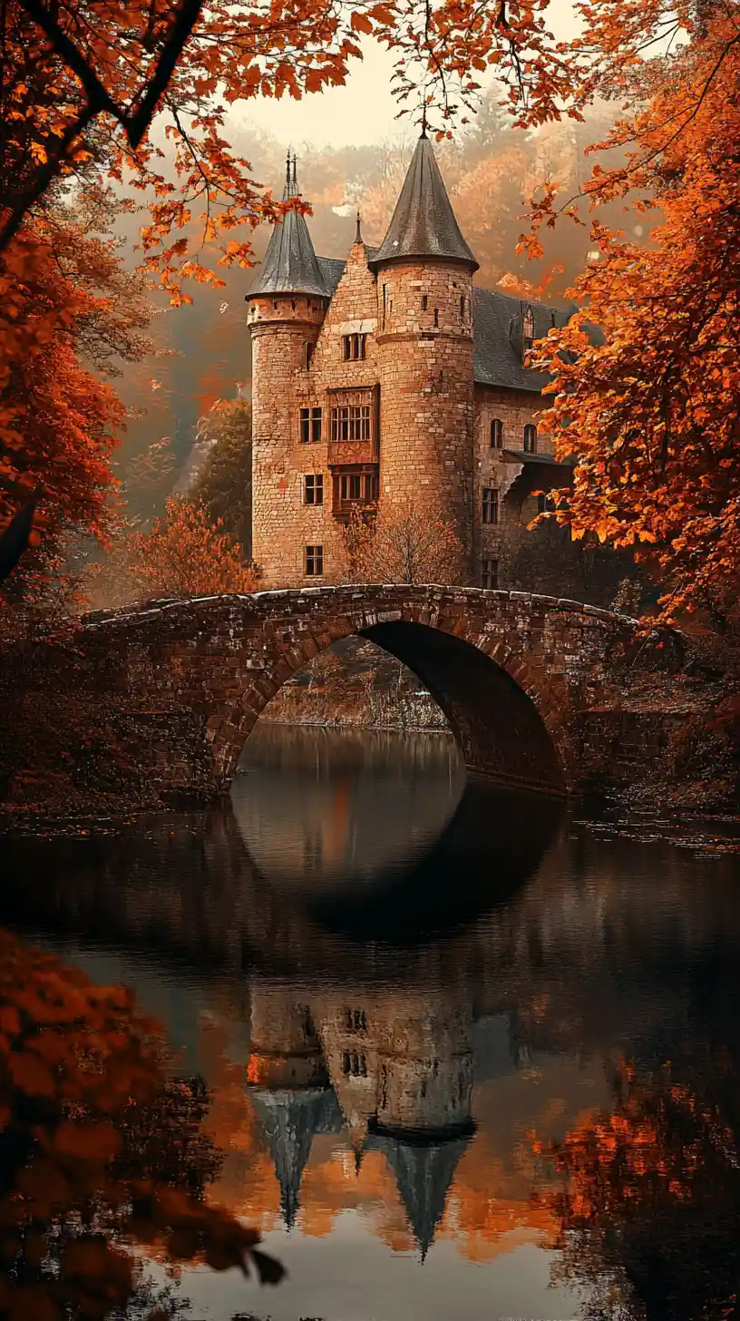 Pont de pierre et château médiéval au‑dessus d’une rivière d’automne paisible