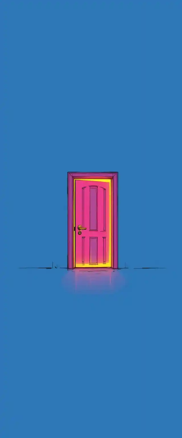 Tiny pink door glowing on a pure blue background