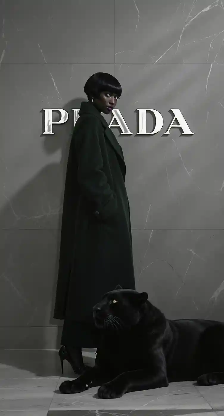 Elegant woman with black panther in luxury fashion portrait