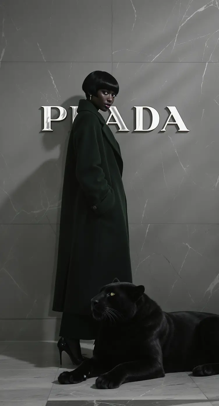 Elegant woman with black panther in luxury fashion portrait