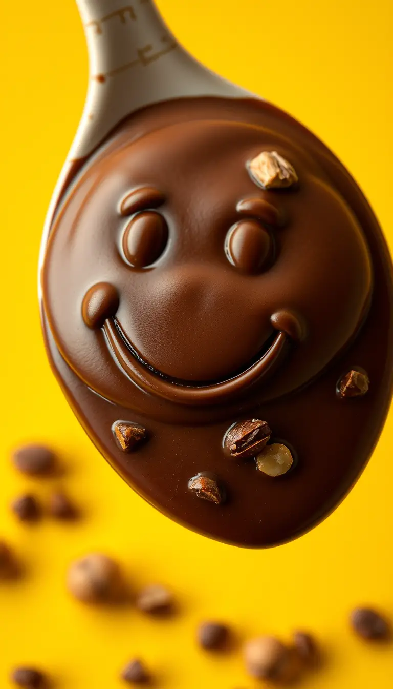 Close up chocolate dessert spoon on bright yellow background