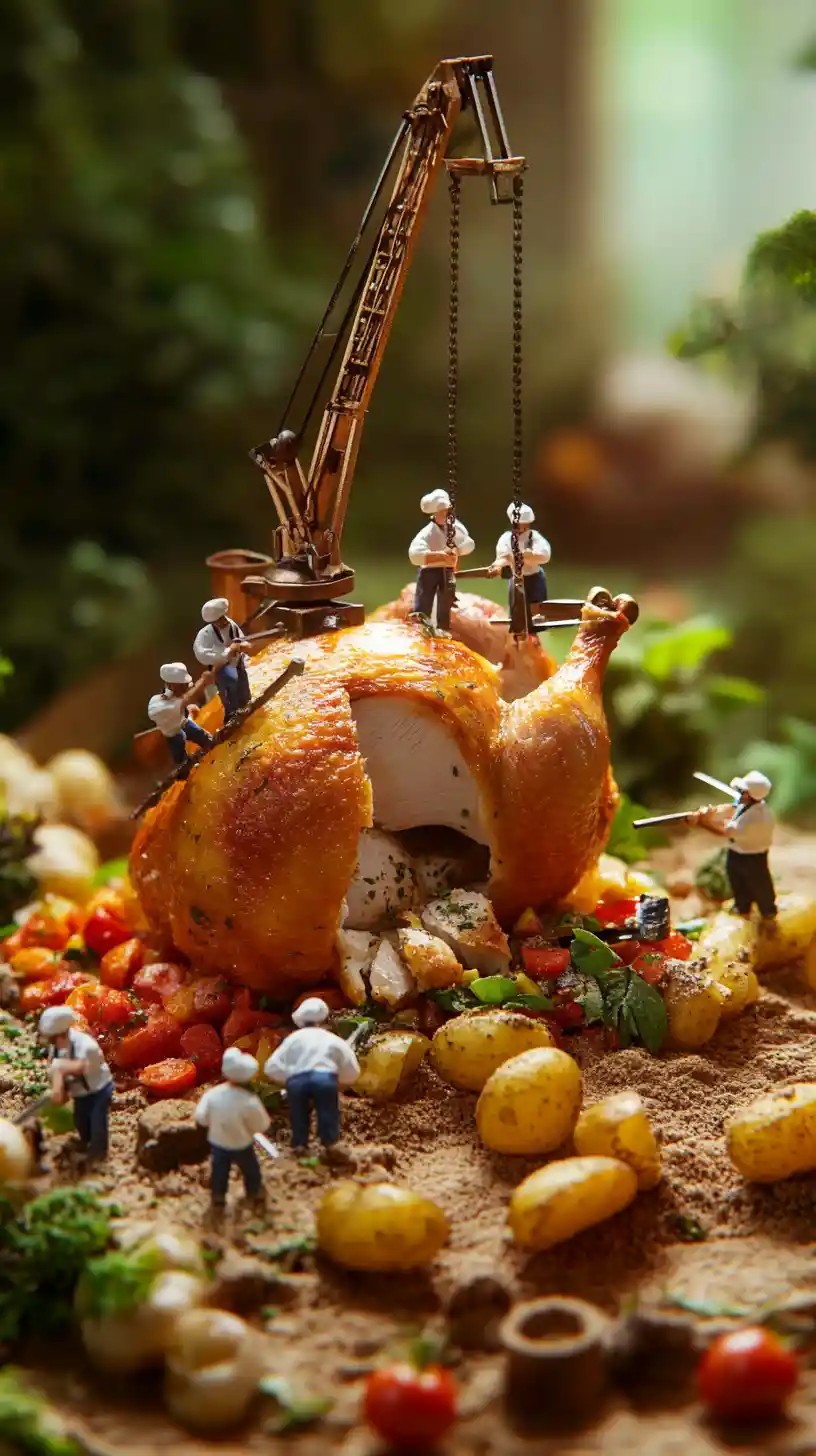 Tiny chefs carving a giant roast chicken construction site