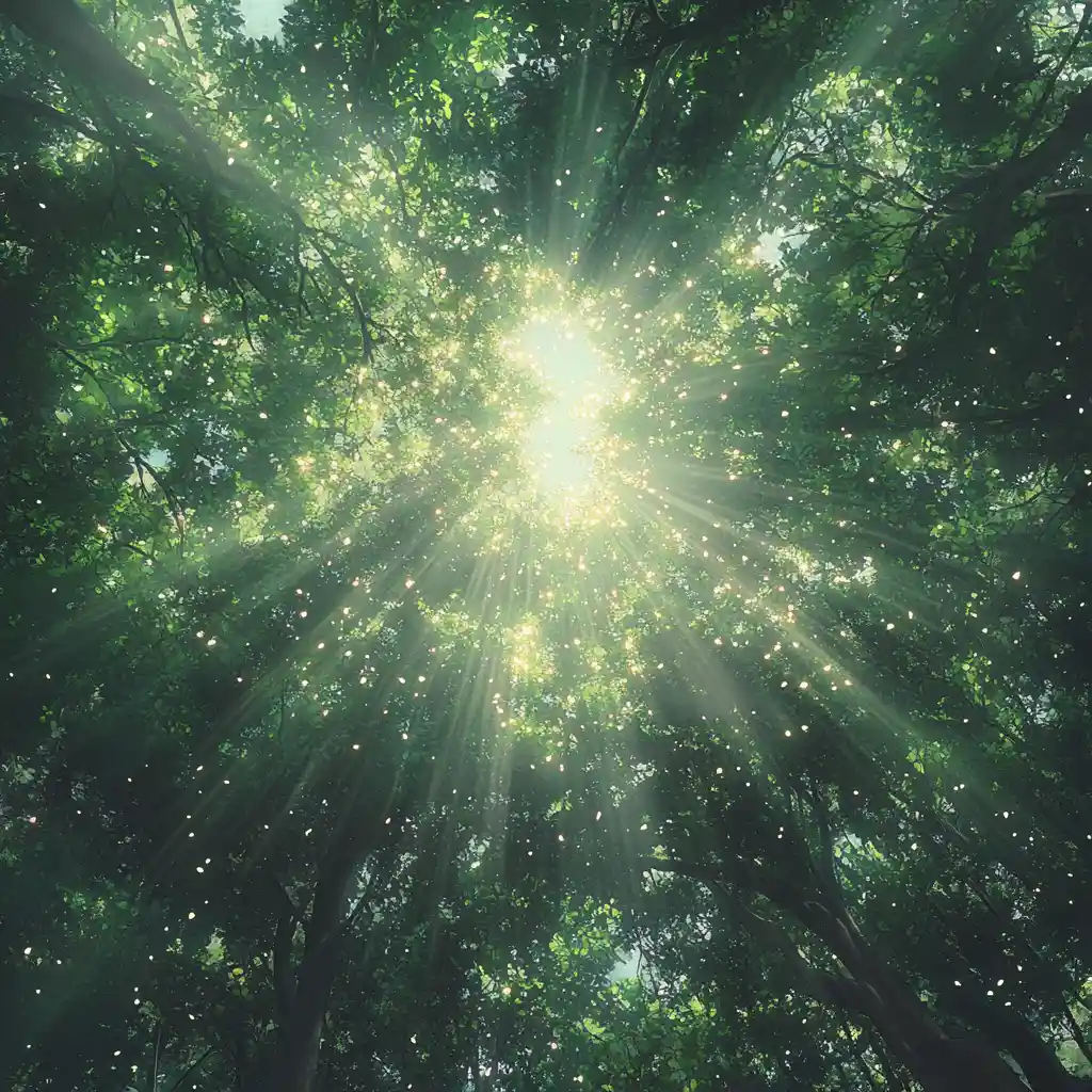 Anime forest canopy with glowing sunlit maple leaves