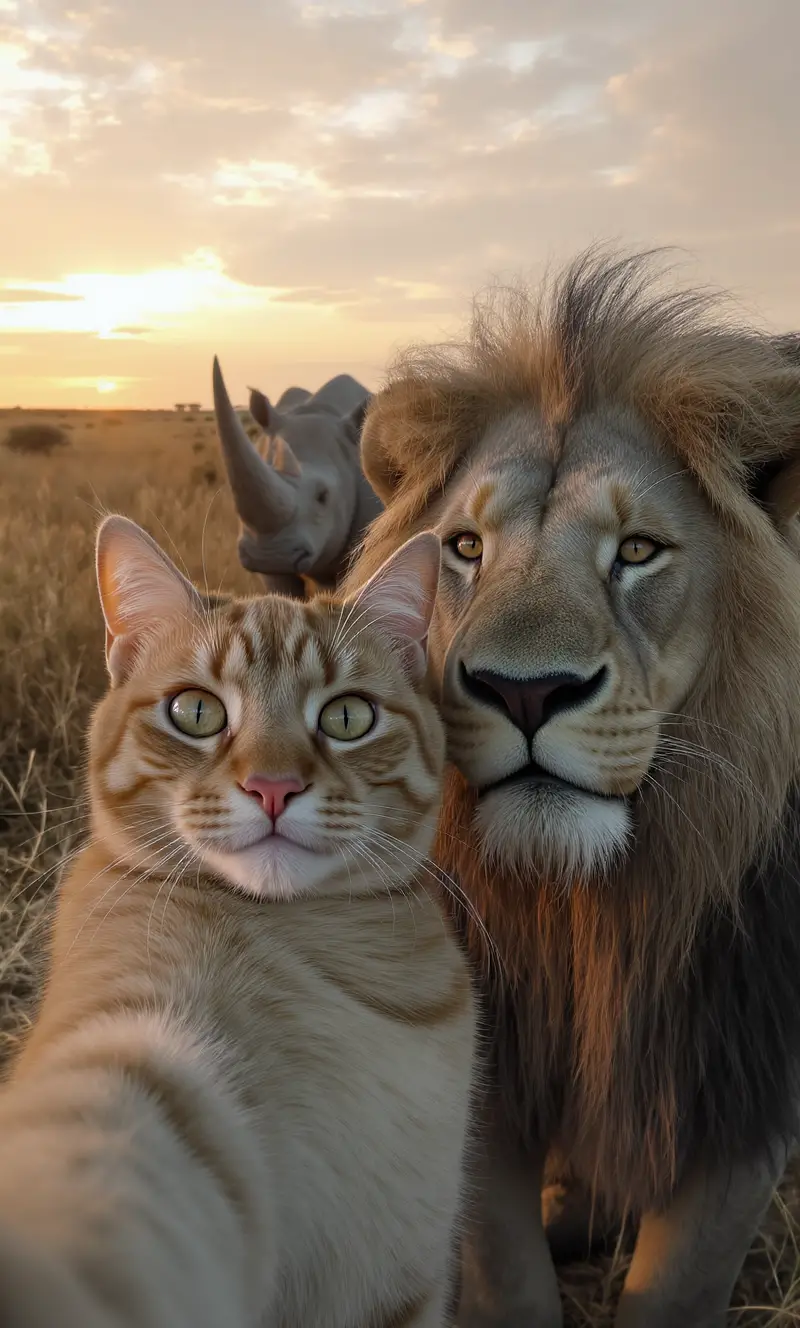Cartoon cat and lion selfie on African savannah at sunset