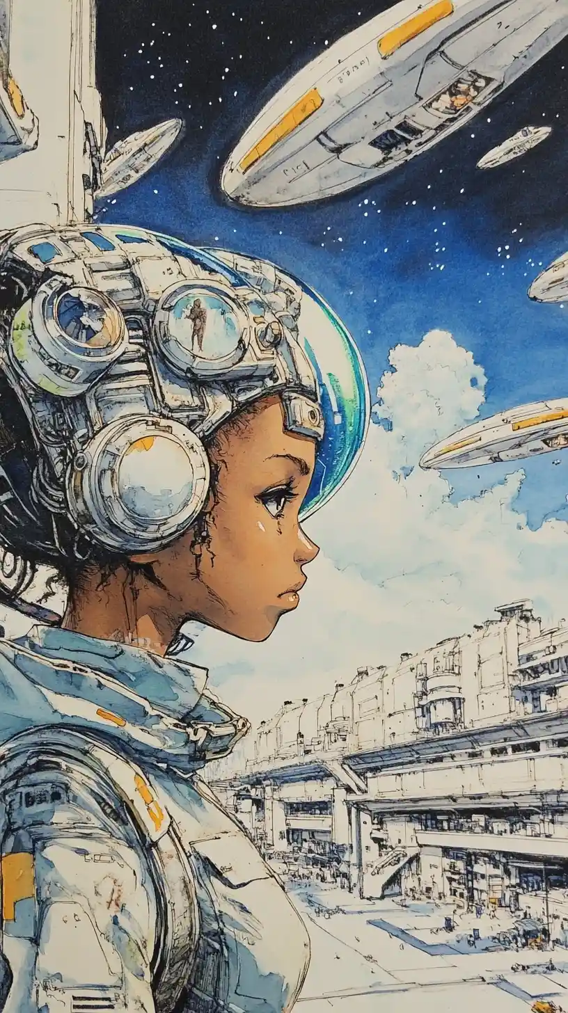 太空港中搭配星艦的未來感女性肖像