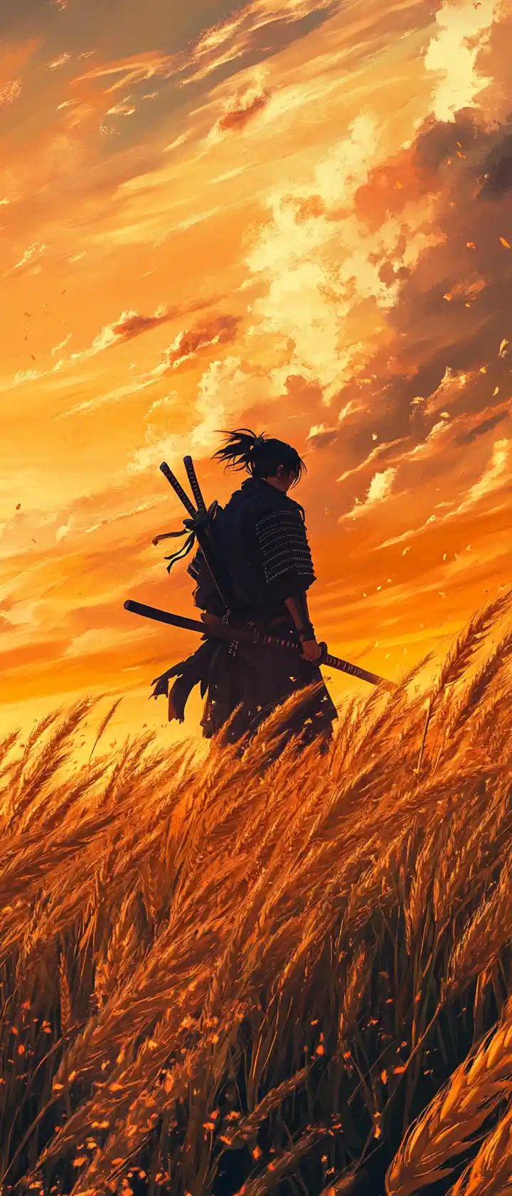 Samurai Walking Through Golden Wheat At Sunset