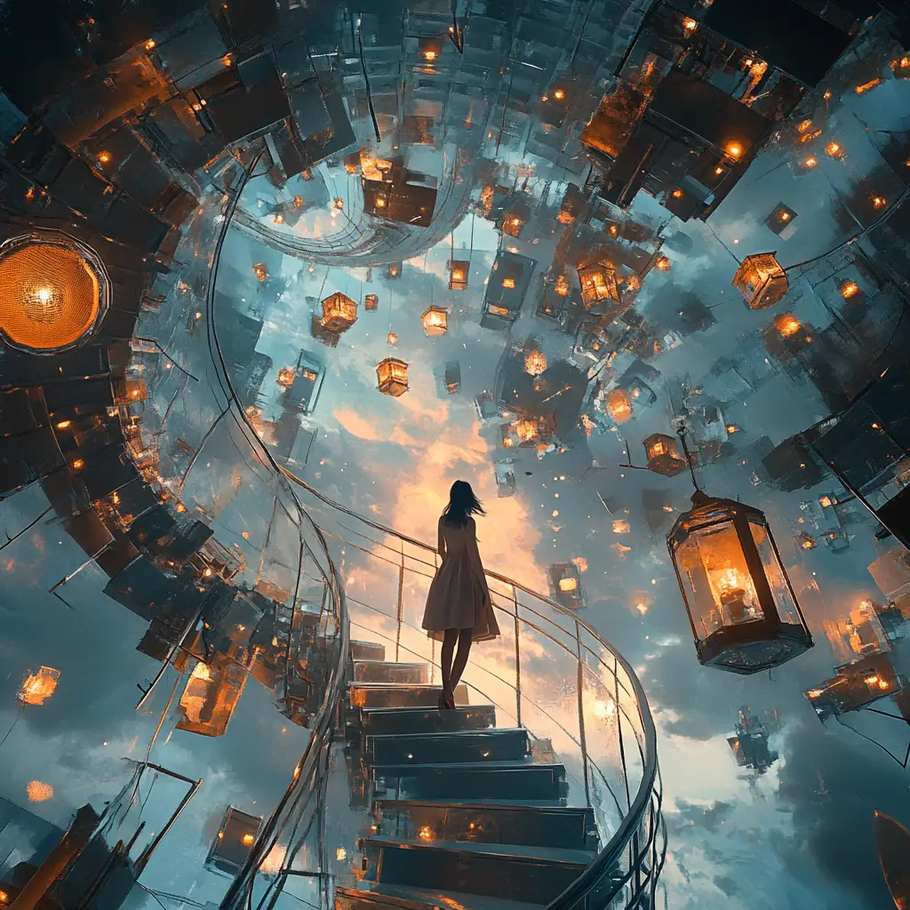 Young woman on endless glass spiral staircase with lanterns