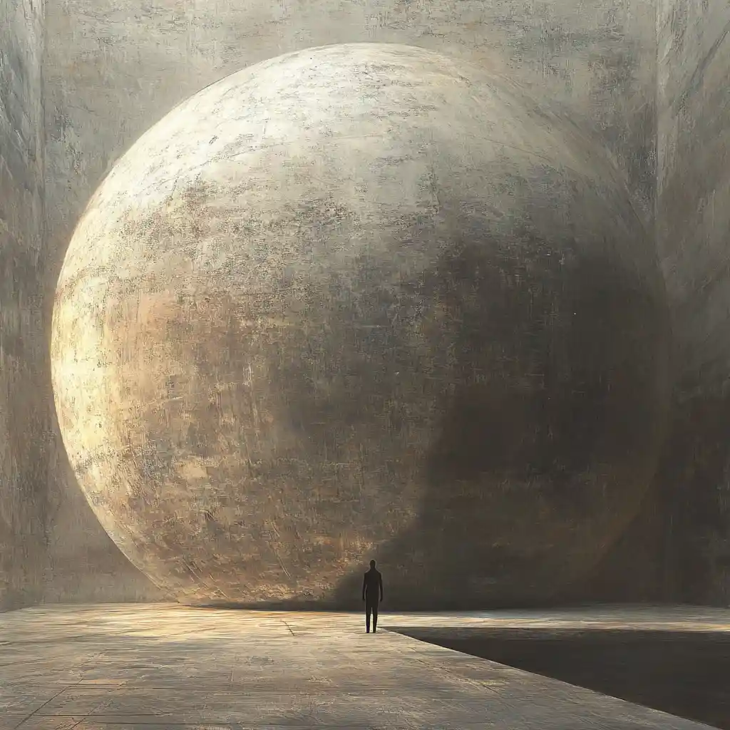 Solitary figure inside a vast glowing cosmic sphere