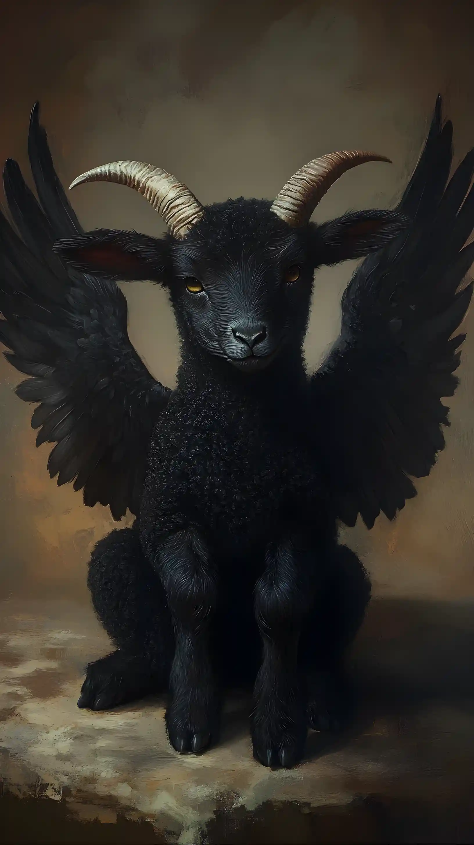 Black horned lamb with wings sitting in serene calm