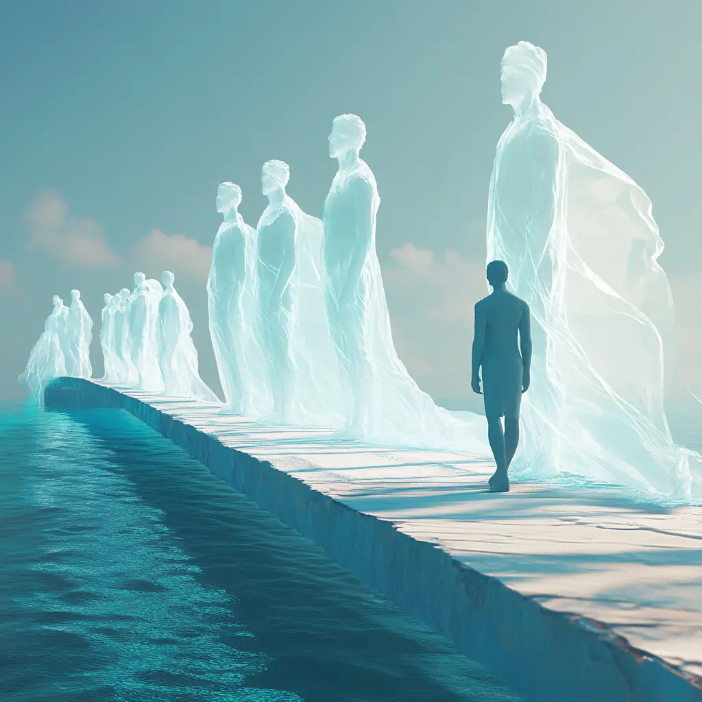 Lone traveler crossing a glowing bridge of light