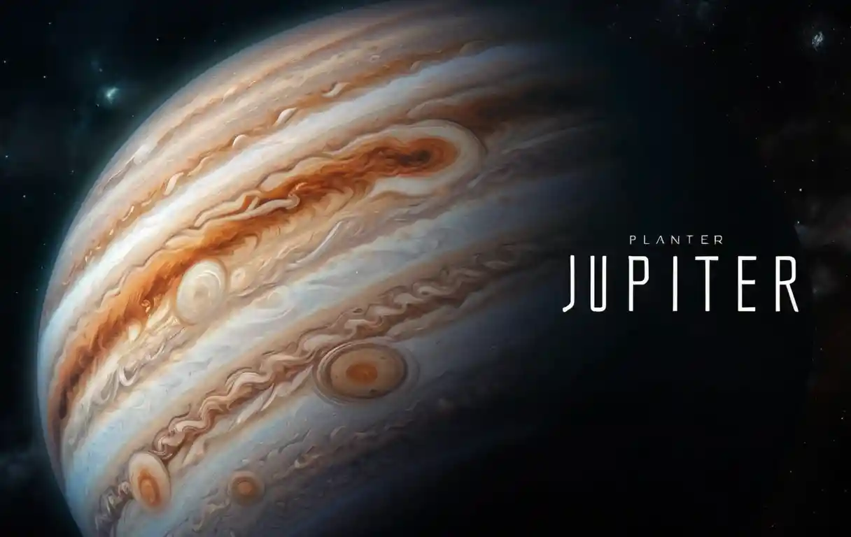 Cinematic view of rotating jupiter against starry outer space