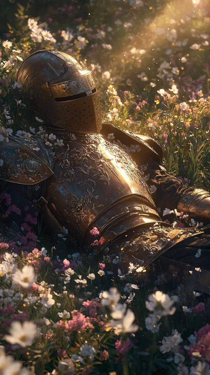 Ancient knight armor resting in a wildflower field