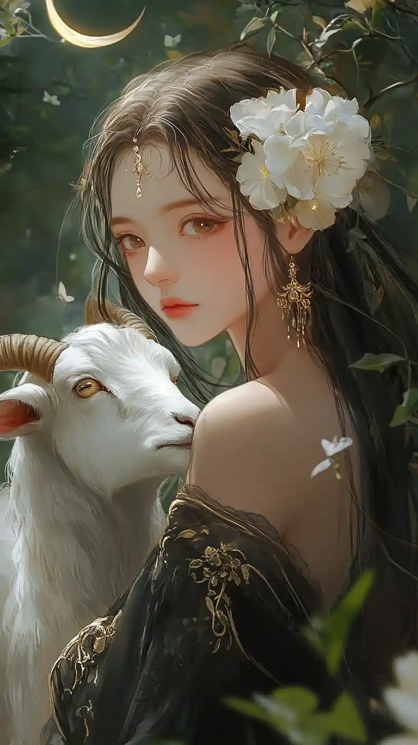 Horned woman holding white goat in enchanted forest