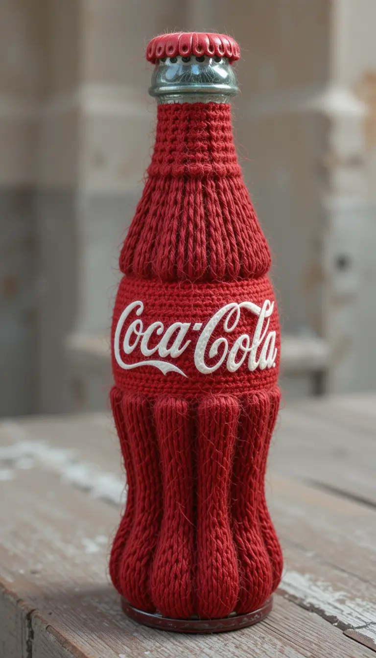 Hand crafted wool sculpture of a classic soda bottle