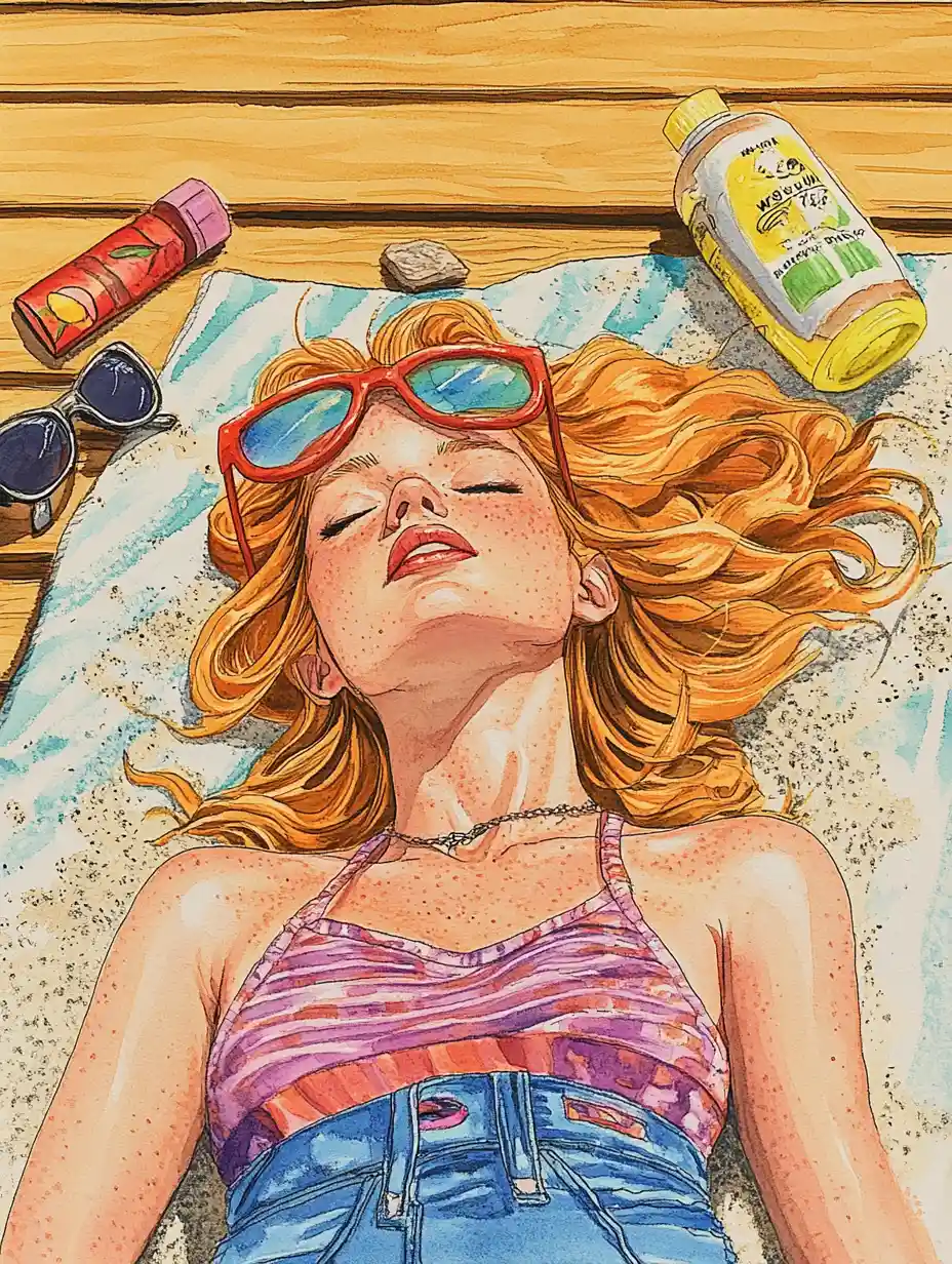 Sunburned woman sleeping on a towel under bright sun