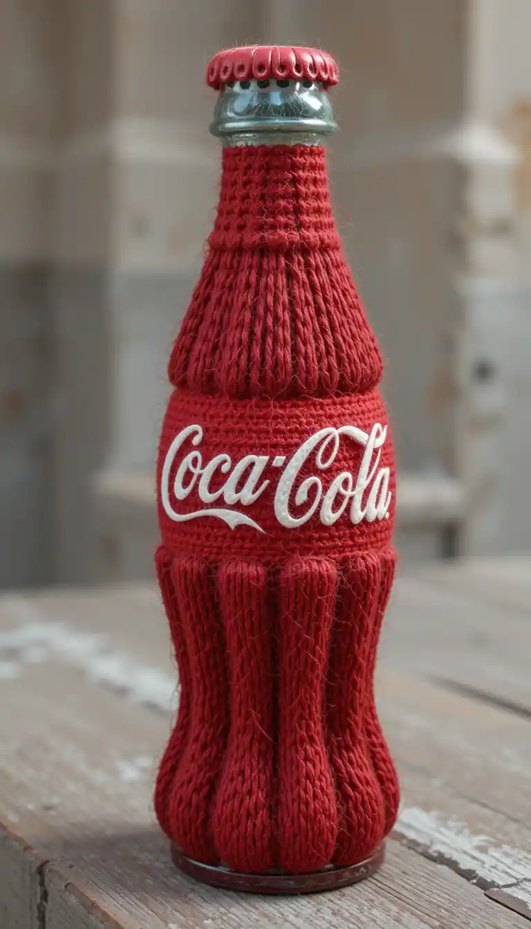 Hand crafted wool sculpture of a classic soda bottle