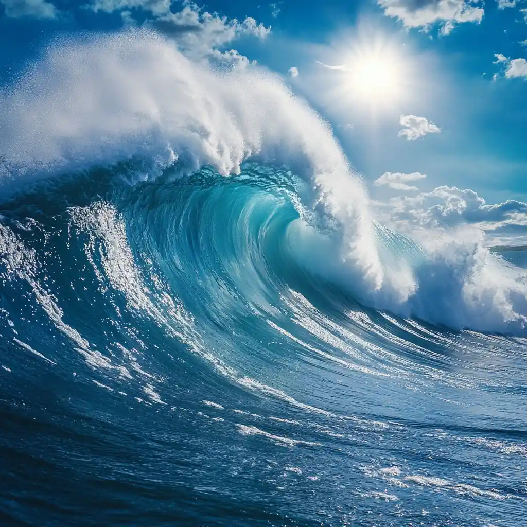 Massive ocean waves under bright sun in panoramic view