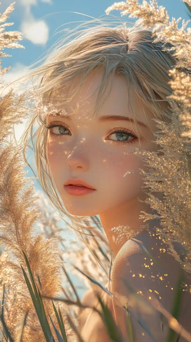 Anime lady portrait on a sunset beach with glitter