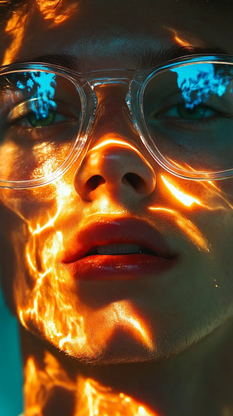 Surreal close up portrait with transparent glasses reflections