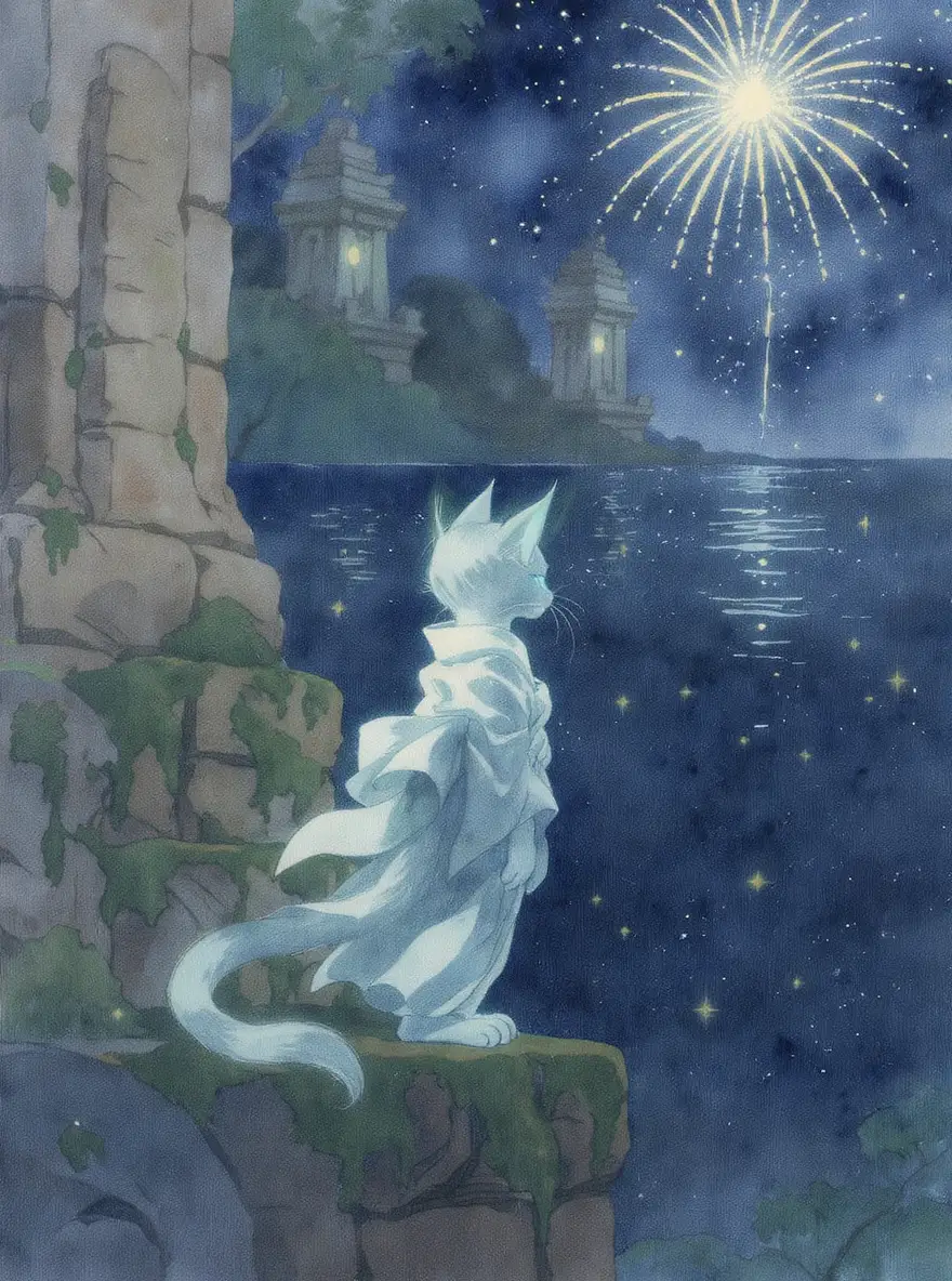 Anthropomorphic kitten in underwater temple watercolor scene
