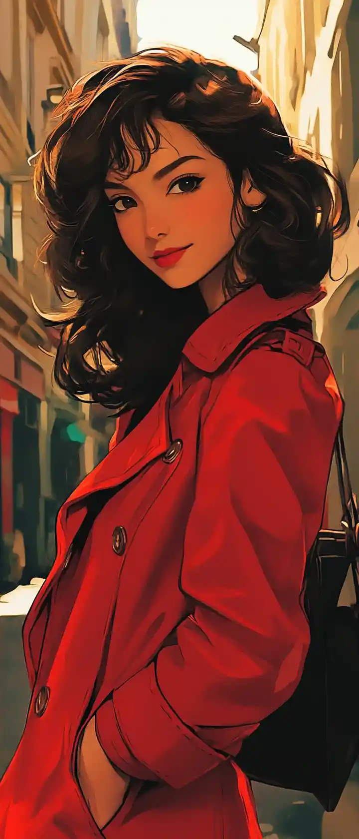 Anime girl in red trench coat on Parisian street