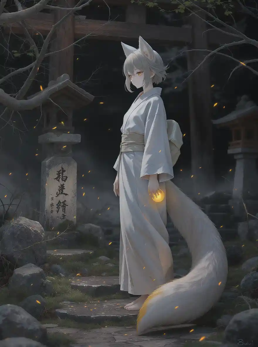 Anime fox spirit girl at twilight shinto shrine