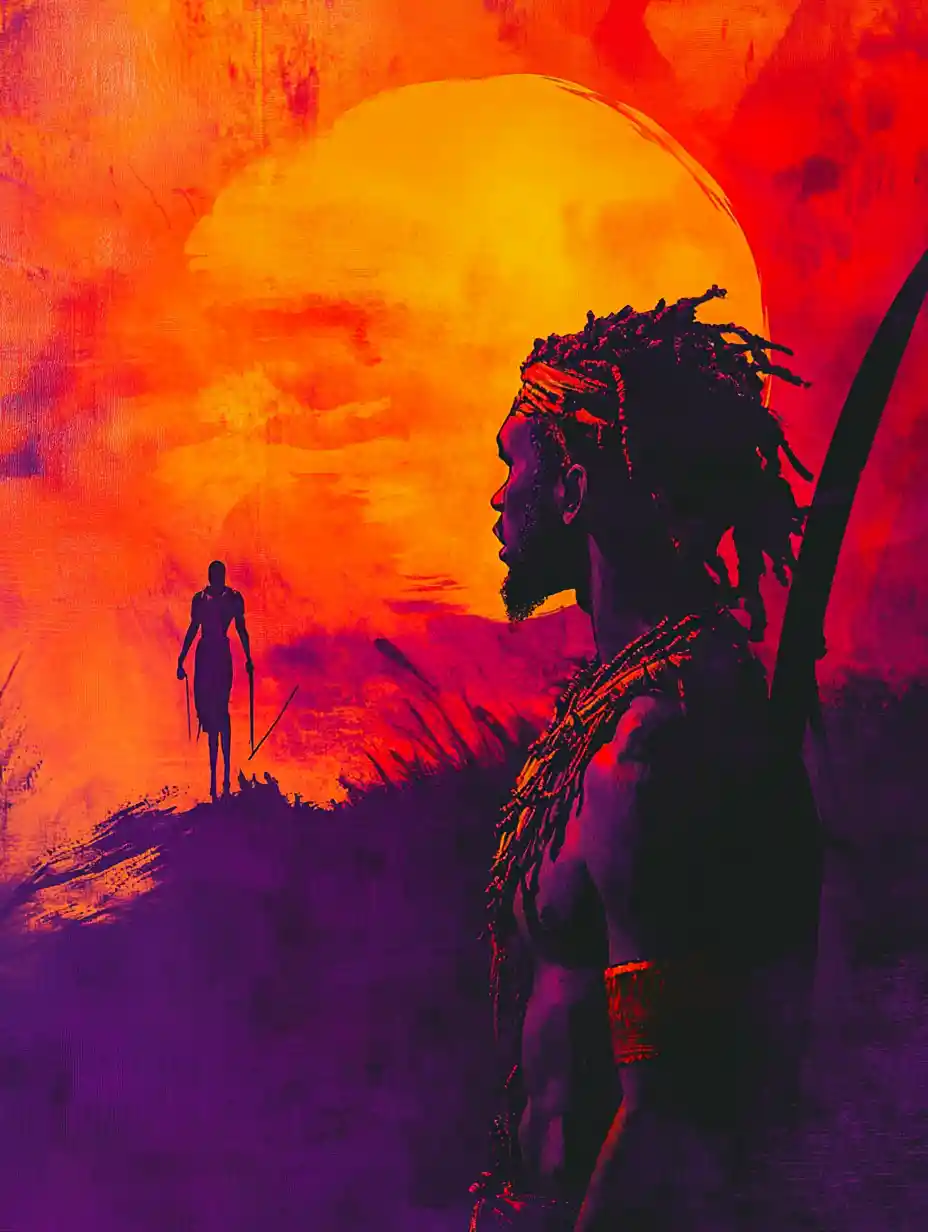 Silhouette Of African Warrior Against Vivid Red Orange Background