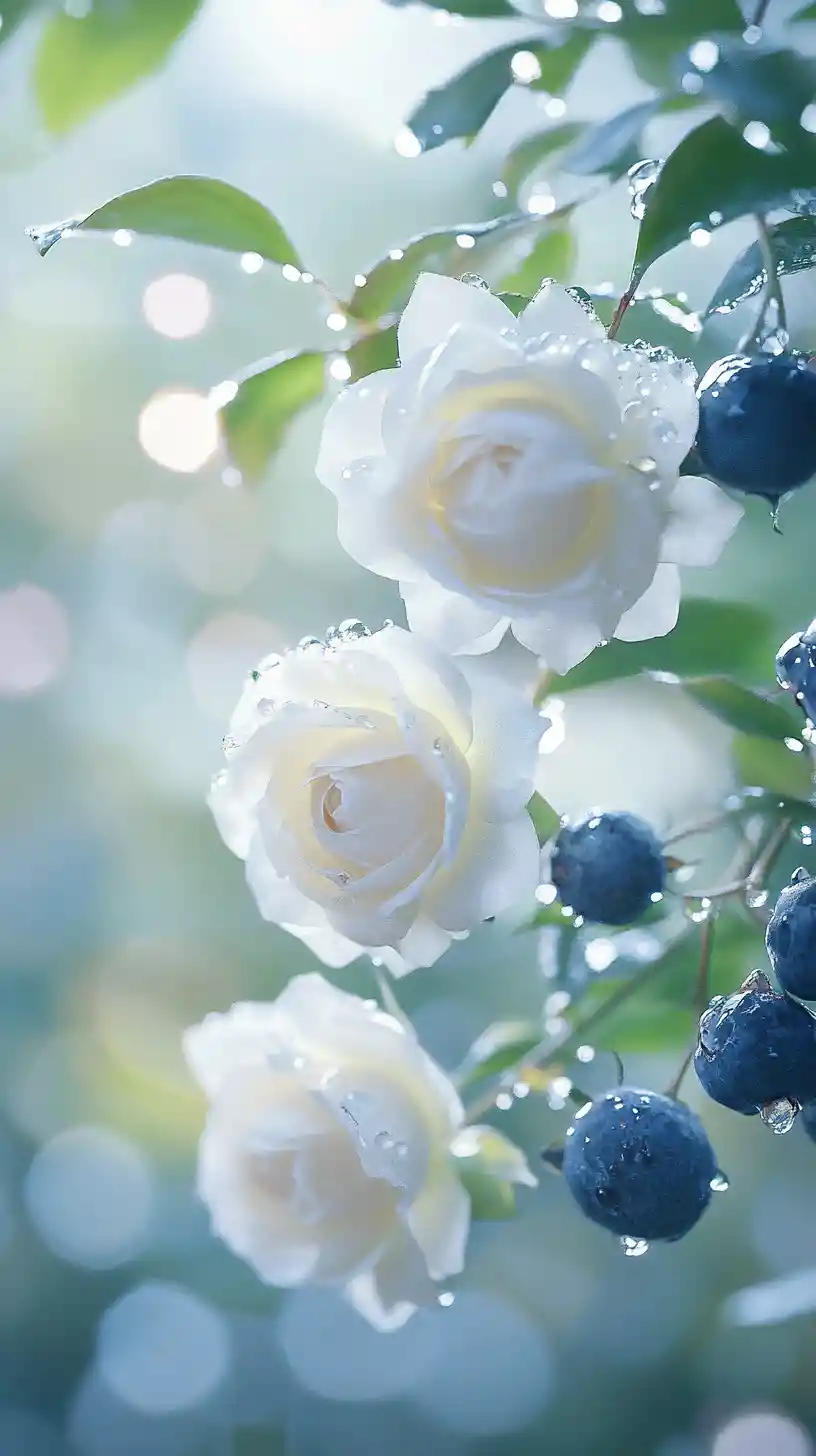 White Roses And Blueberries In Magical Morning Garden