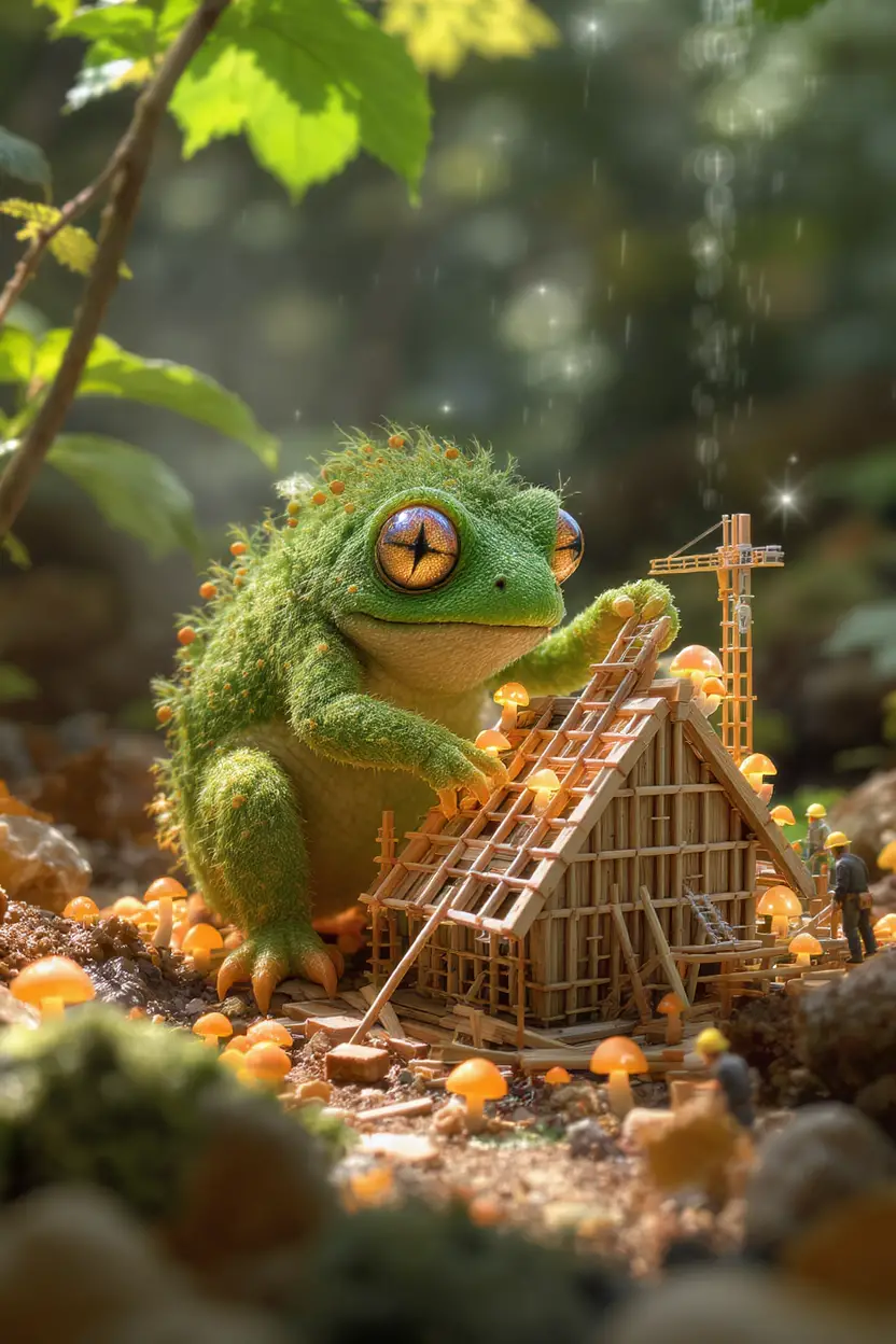 Whimsical moss forest creature building a tiny glowing house