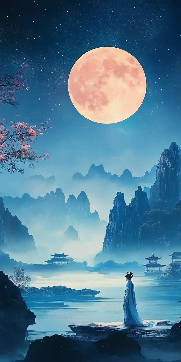 보름달 아래 고요한 호수 위의 달의 여신