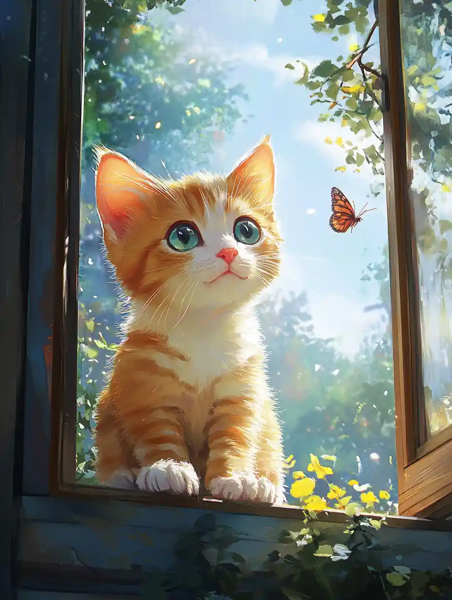 Gatito de anime juguetón en una playa soleada de verano