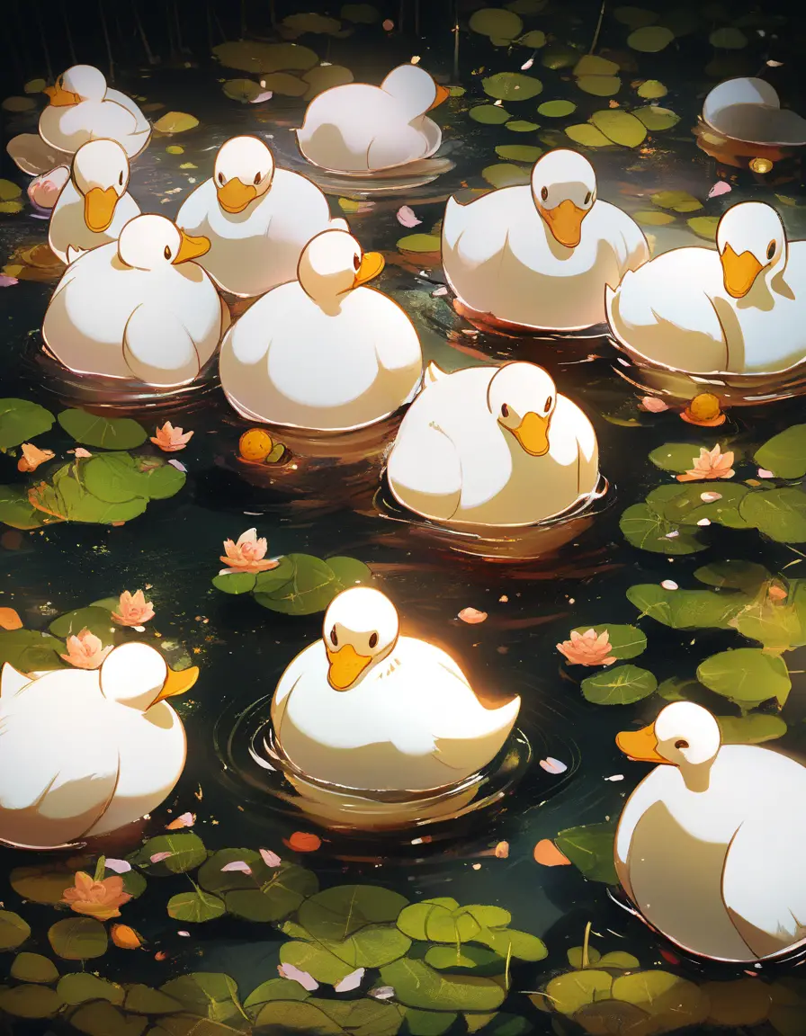 Wire duck family crossing a calm pond in single file