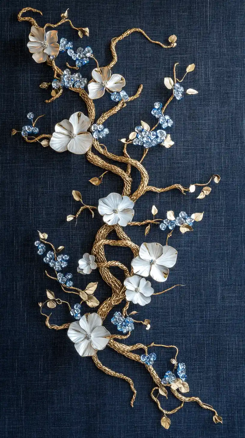 Scultura da parete con ramo dorato e fiori di vetro su sfondo blu navy