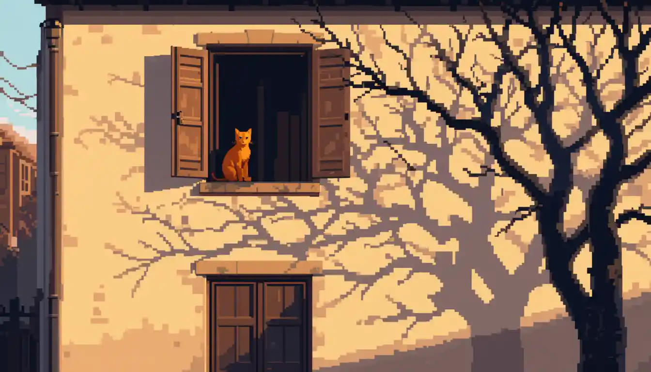 Pixel-Art-Gebäudefassade mit orangefarbener Katze bei Sonnenuntergang