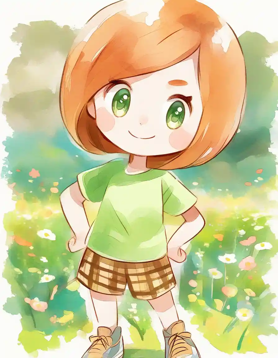 Cute storybook girl in summer meadow illustration