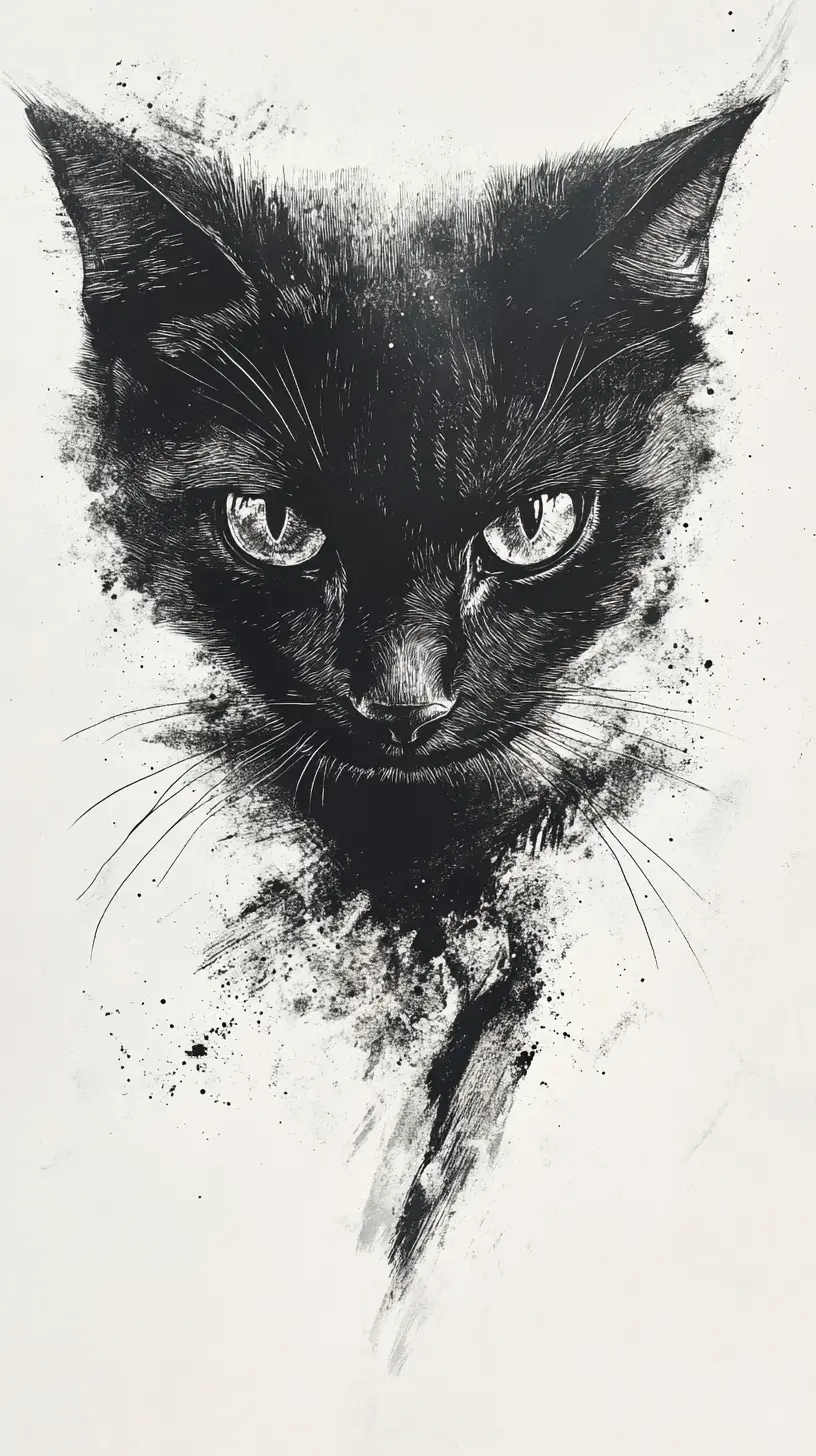 Ink cat silhouette with detailed realistic feline face