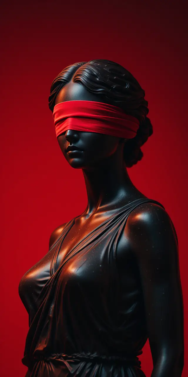 Blindfolded classical female statue against red background