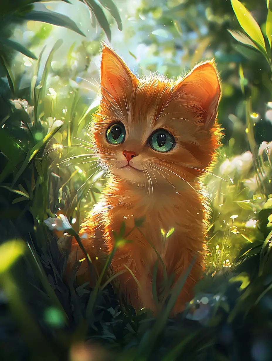 Cute anime kitten playing on a sunny summer beach