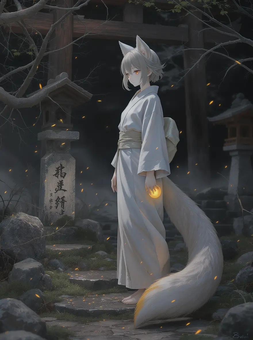 Anime fox spirit girl at twilight shinto shrine
