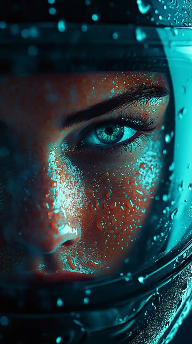 Close up blue eyes behind motorcycle helmet visor