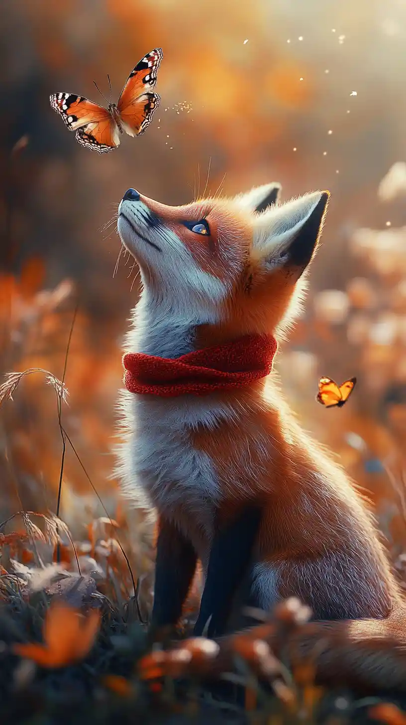 Cute fox with red scarf in sunny flower field