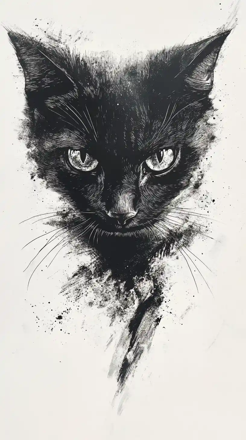 Ink cat silhouette with detailed realistic feline face